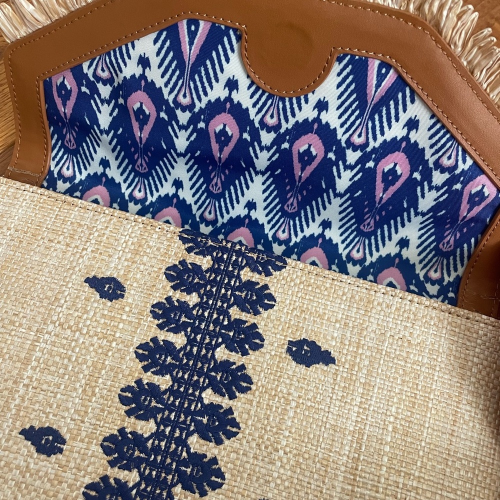Stella & Dot Natural Straw Clutch with Blue Embroidery - Picture 3 of 3